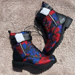 Floral Print Booties Red/Blue